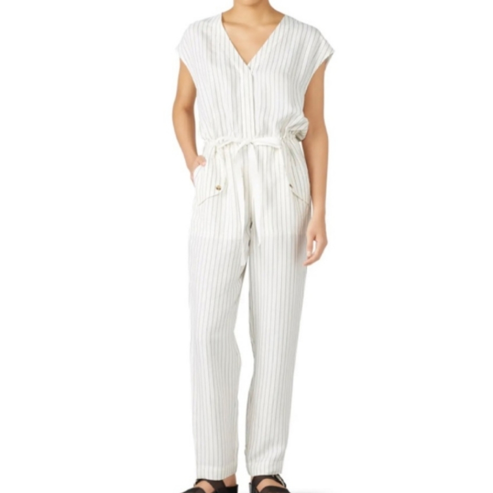 Jason Wu White Pinstripe V Neck Drawstring Ruched Cap Sleeve Jumpsuit